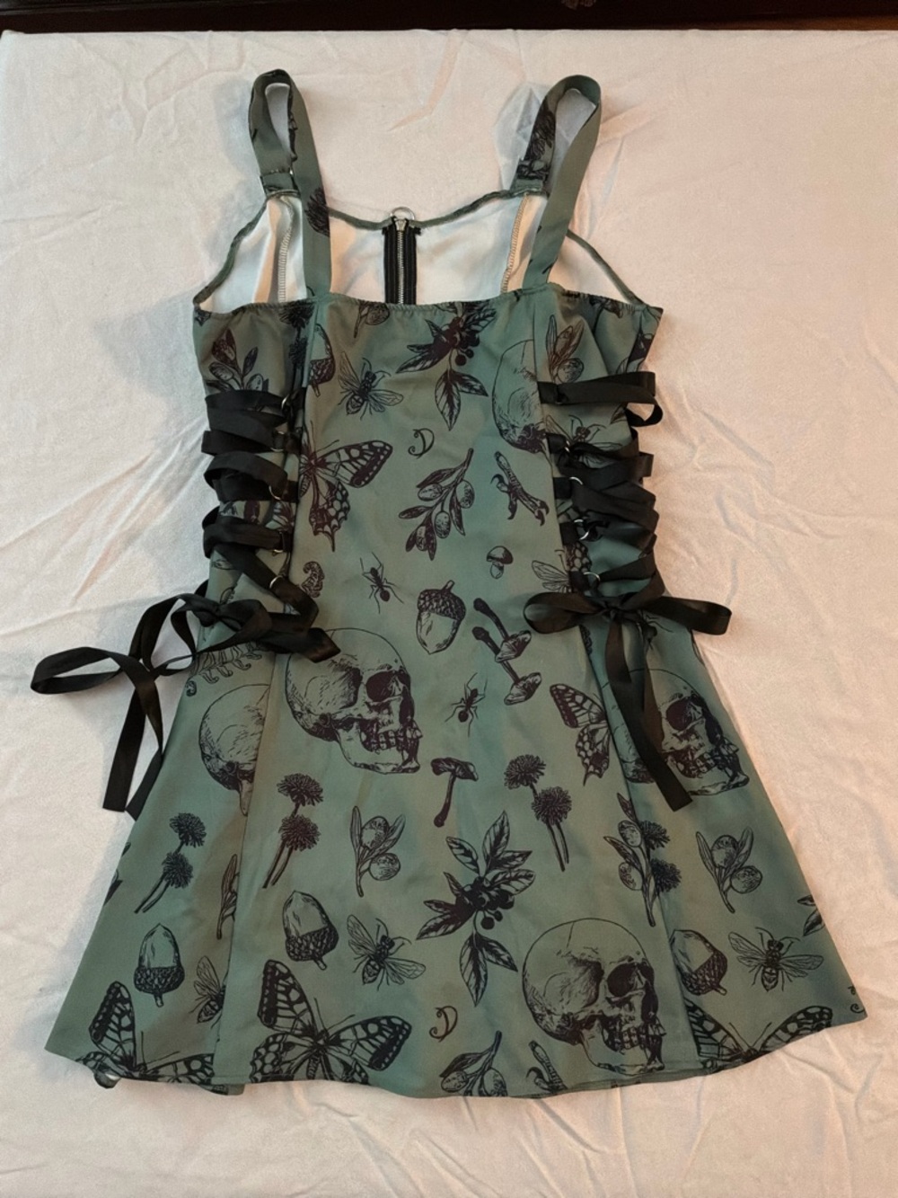 ***** Gothic Green Skull & Butterfly Dress with Black Ribbon Lacing *****